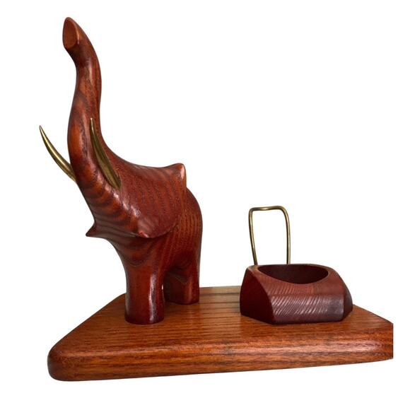 Vintage Hand Carved Wood Elephant Pipe Holder Candle Holder Desk Stand - Picture 2 of 10